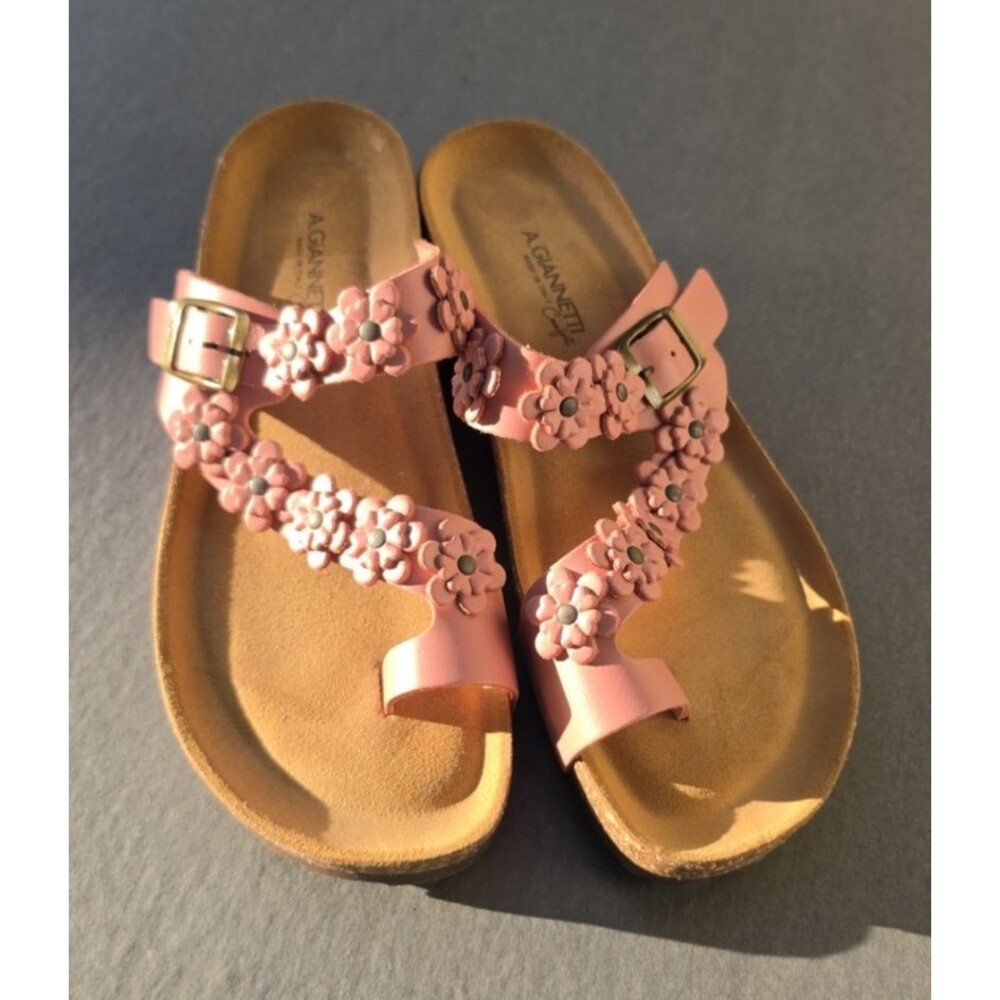 A. Giannetti Women's Size 9 Pink Leather Floral Sandals Cork Footbed Shoes